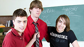 Two students and a teacher are learning how to behave with a cock
